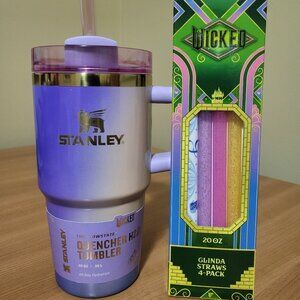 Wicked x Stanley Tumbler Glinda for Good 20 oz & CharCharms Straw 4-pack, BNWT!